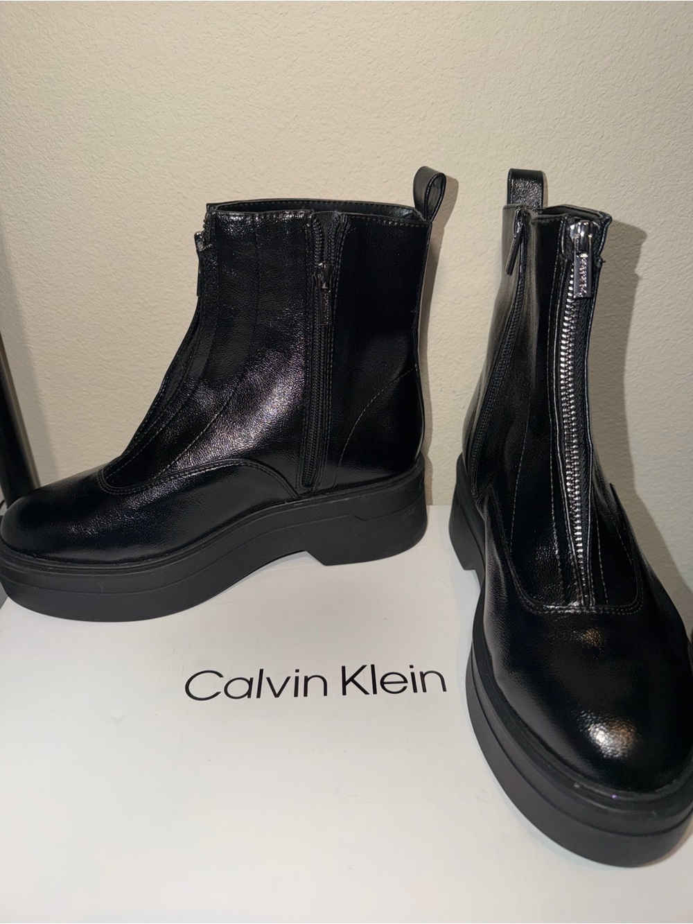 Calvin Klein Black Patent Leather Platform Zip Ankle Booties